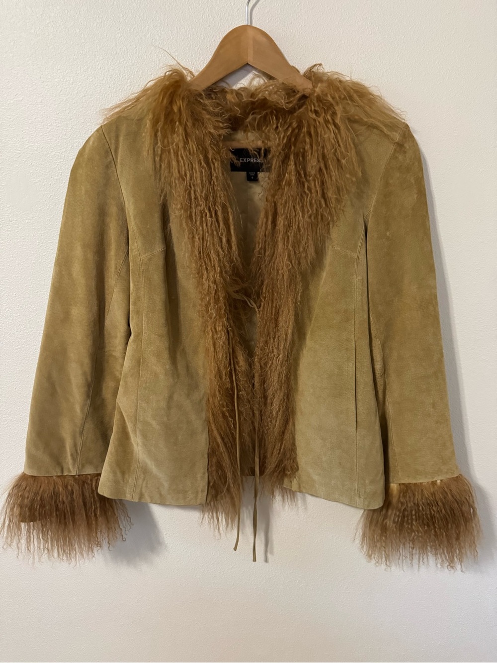 Express Suede Leather Penny Lane Phoebe Jacket Mongolian Fur Trim Tan Lined-S